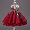 Burgundy A-line Satin Flower Girl Dress with Embroidered Ruffles