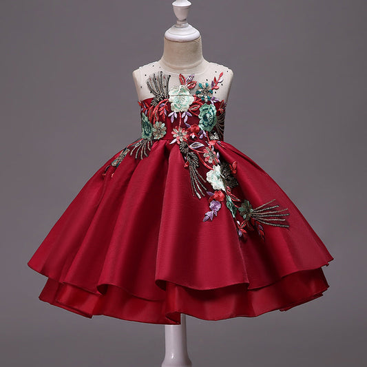 Burgundy A-line Satin Flower Girl Dress with Embroidered Ruffles
