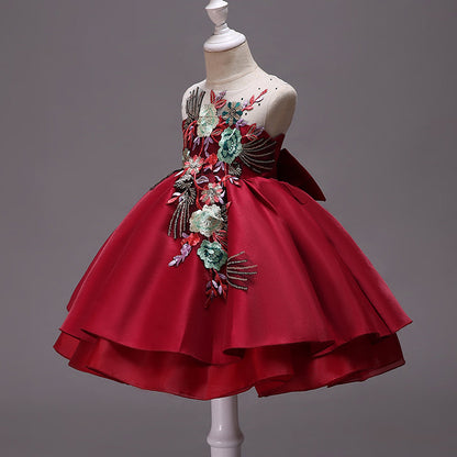 Burgundy A-line Satin Flower Girl Dress with Embroidered Ruffles