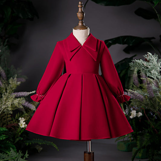 Burgundy A-Line Tea-Length Flower Girl Dress with Lantern Sleeves