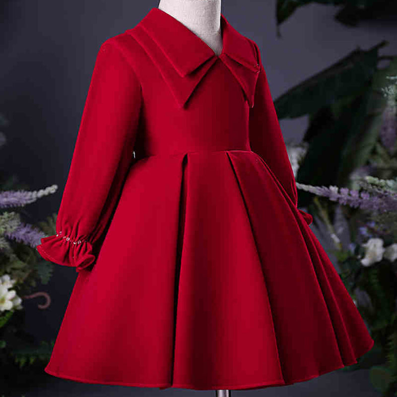 Burgundy A-Line Tea-Length Flower Girl Dress with Lantern Sleeves