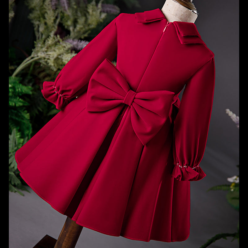 Burgundy A-Line Tea-Length Flower Girl Dress with Lantern Sleeves