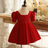 Burgundy A-Line Tea-Length Flower Girl Dress with Pleated Detail