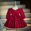 Burgundy Lace A-Line Flower Girl Dress V-Neck Lantern Sleeve