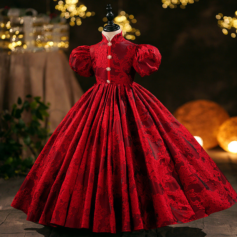 Burgundy Lace Princess Flower Girl Dress Mock Neck Puff Sleeve