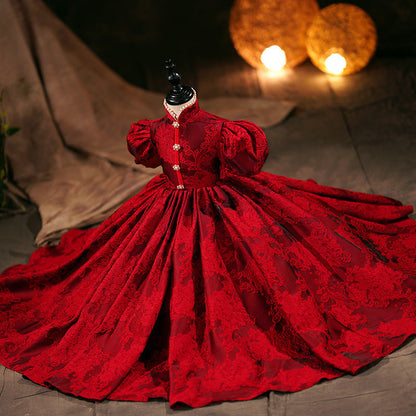 Burgundy Lace Princess Flower Girl Dress Mock Neck Puff Sleeve