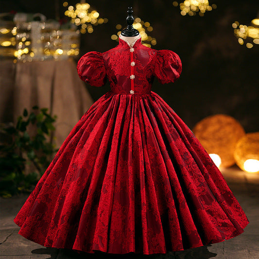 Burgundy Lace Princess Flower Girl Dress Mock Neck Puff Sleeve