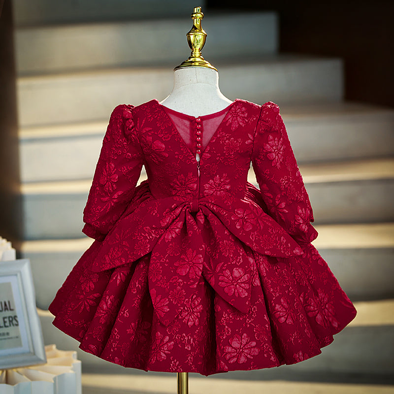 Burgundy Lace Princess Flower Girl Dress V-Neck Lantern Sleeve