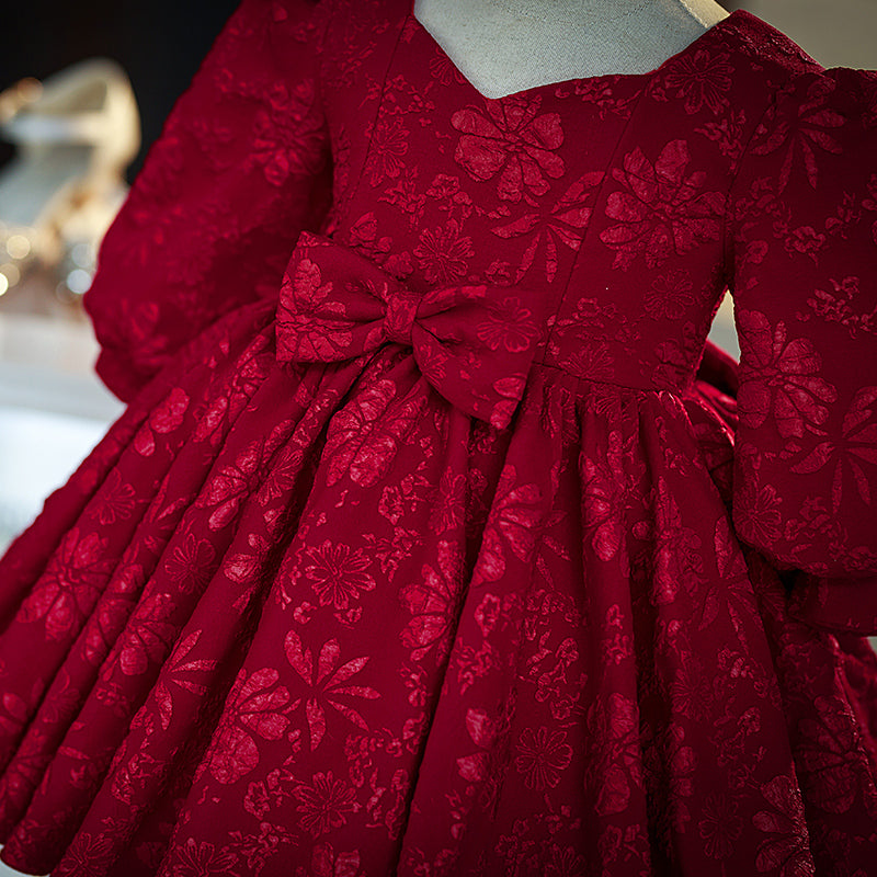 Burgundy Lace Princess Flower Girl Dress V-Neck Lantern Sleeve