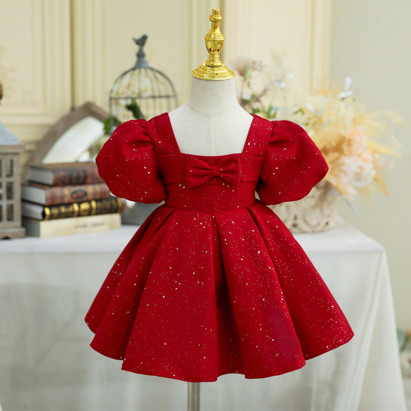 Burgundy Princess Flower Girl Dress Ruffle Pleated Puff Sleeve