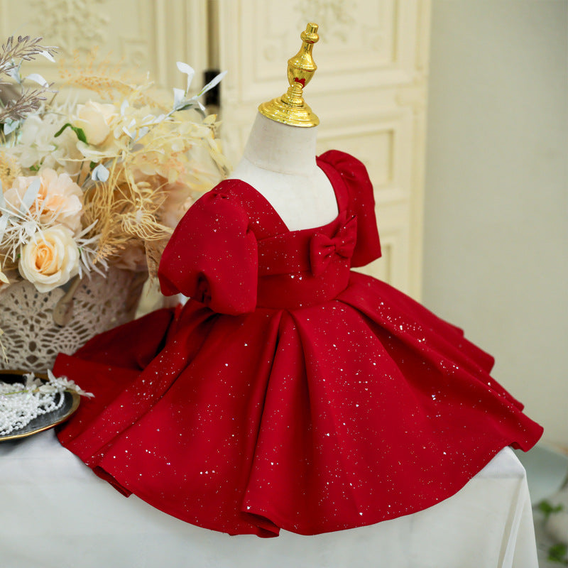 Burgundy Princess Flower Girl Dress Ruffle Pleated Puff Sleeve