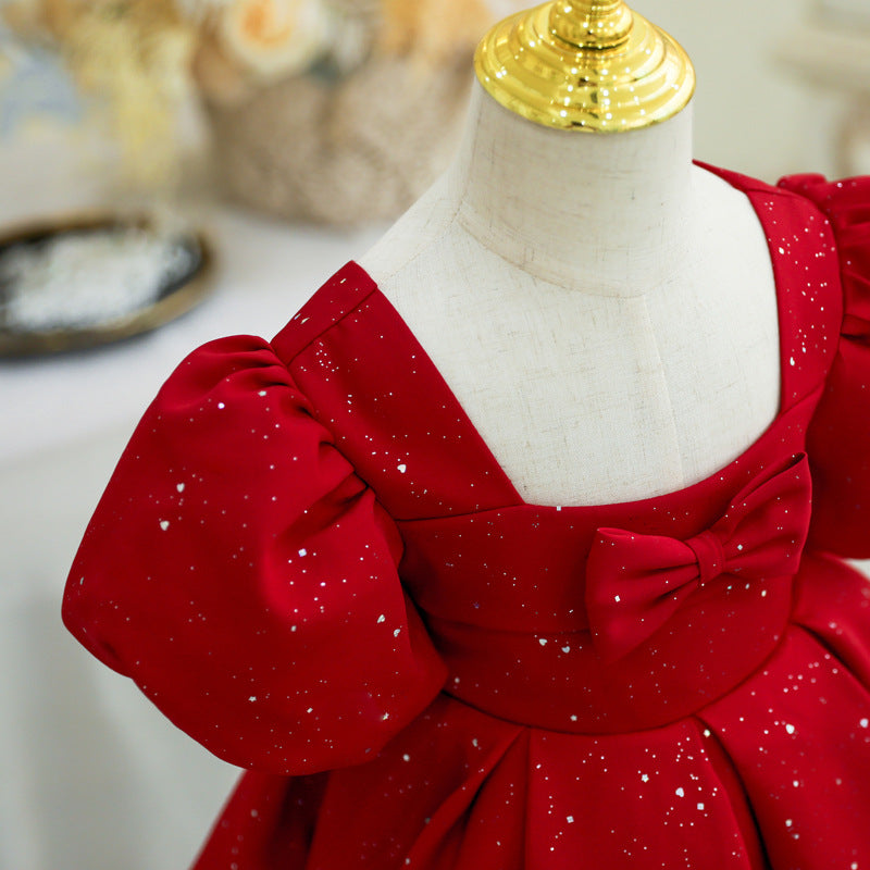 Burgundy Princess Flower Girl Dress Ruffle Pleated Puff Sleeve
