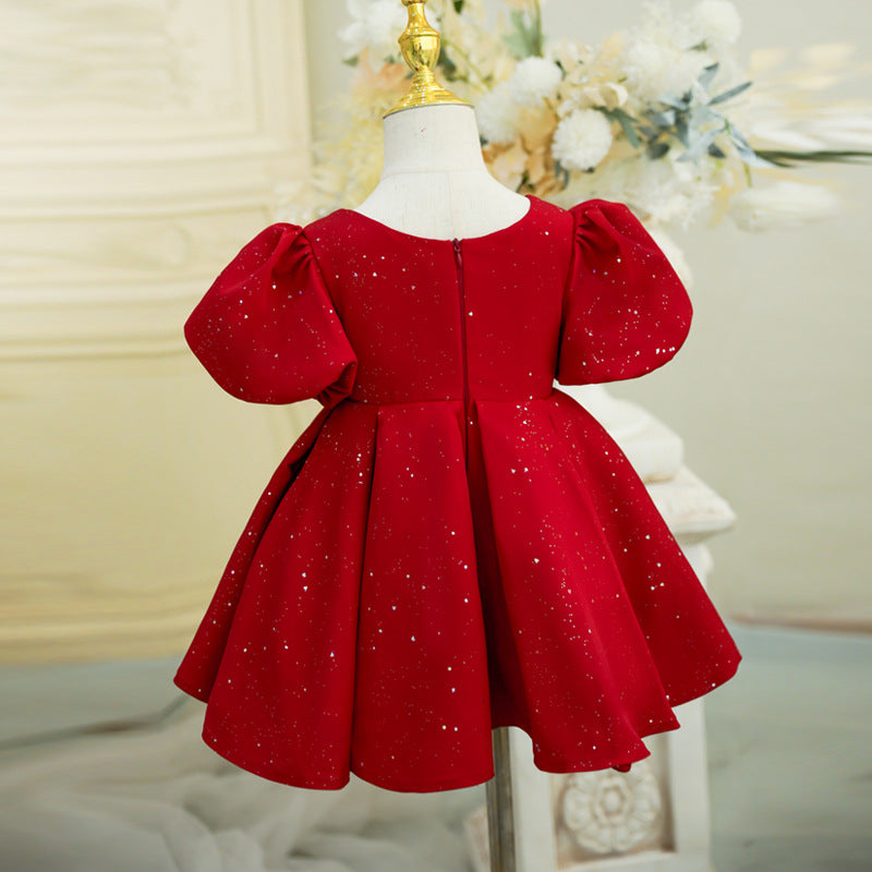 Burgundy Princess Flower Girl Dress Ruffle Pleated Puff Sleeve