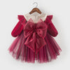 Burgundy Princess Flower Girl Dress with Cascading Ruffles and Bow