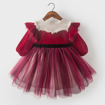 Burgundy Princess Flower Girl Dress with Cascading Ruffles and Bow