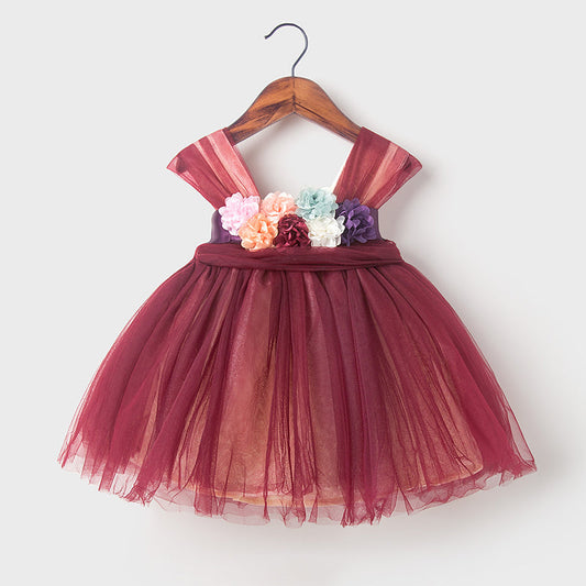 Burgundy Princess Flower Girl Dress with Cascading Ruffles and Flowers