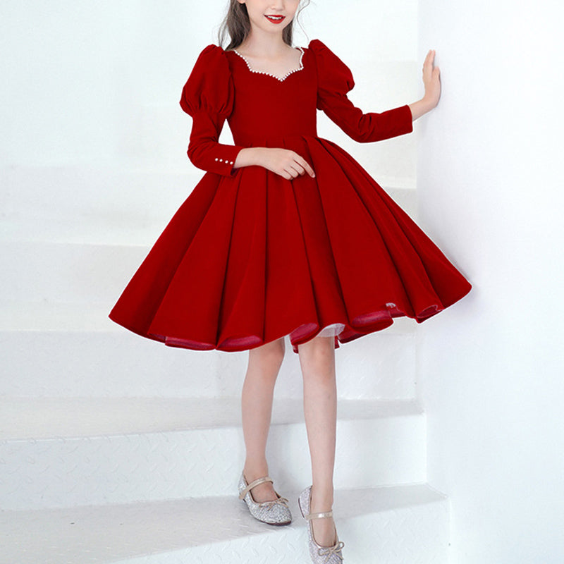 Burgundy Princess Flower Girl Dress: V-Neck Lantern Sleeves