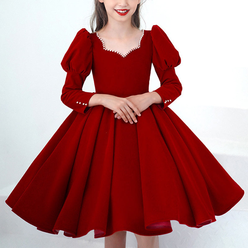 Burgundy Princess Flower Girl Dress: V-Neck Lantern Sleeves