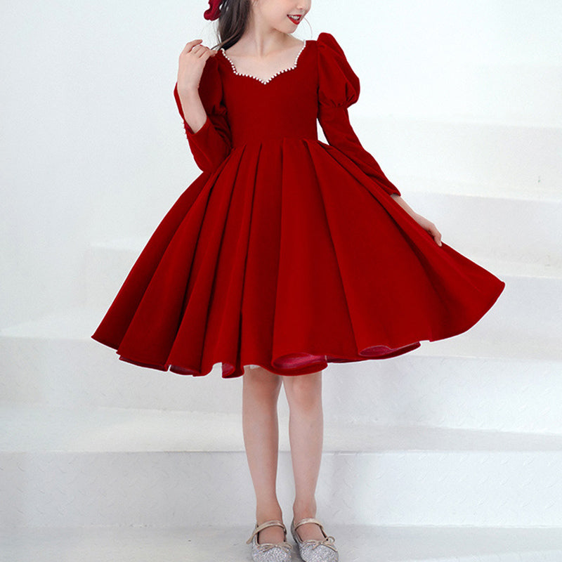 Burgundy Princess Flower Girl Dress: V-Neck Lantern Sleeves