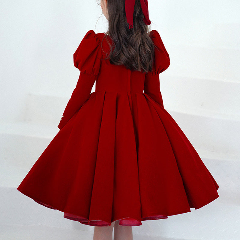 Burgundy Princess Flower Girl Dress: V-Neck Lantern Sleeves