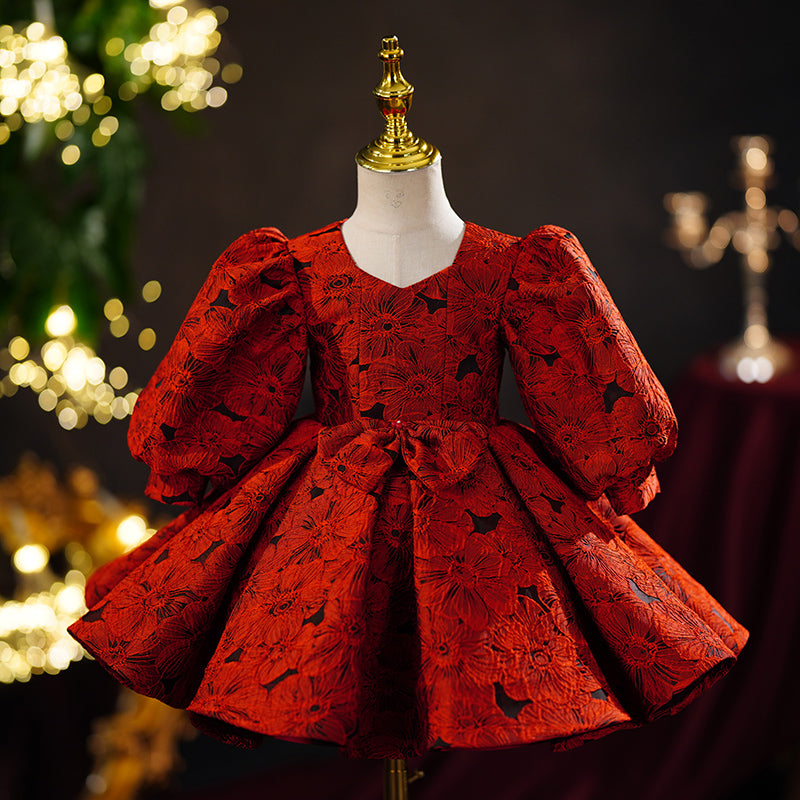 Burgundy Princess Satin Flower Girl Dress V-Neck Bow | Burgundy / 7-8 Years (140cm) | Mia Princess Burgundy Princess Satin Flower Girl Dress V-Neck Bow | Burgundy / 7-8 Years (140cm) | Mia Princess