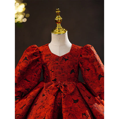 Burgundy Princess Satin Flower Girl Dress V-Neck Bow