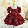 Burgundy Princess Tea-Length Flower Girl Dress with Pleated Detail