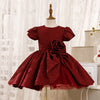 Burgundy Satin Princess Flower Girl Dress Flower Puff Sleeve