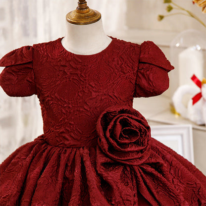 Burgundy Satin Princess Flower Girl Dress Flower Puff Sleeve