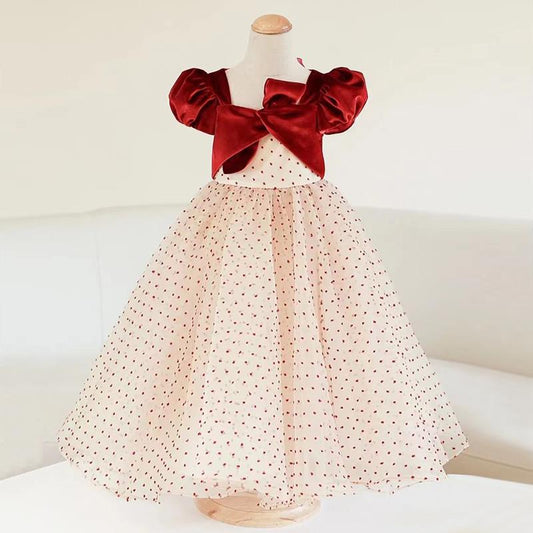 Burgundy Satin Tulle A-Line Flower Girl Dress Puff Sleeve