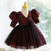 Burgundy Satin Tulle Princess Flower Girl Dress Puff Sleeve