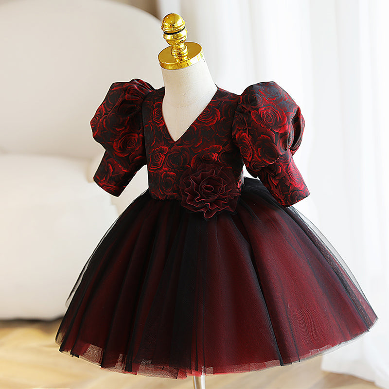 Burgundy Satin Tulle Princess Flower Girl Dress Puff Sleeve