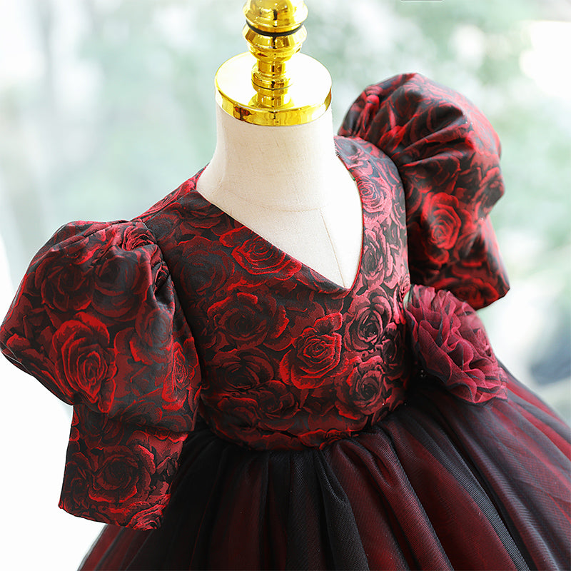 Burgundy Satin Tulle Princess Flower Girl Dress Puff Sleeve