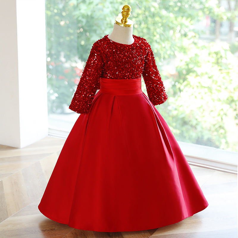 Burgundy Sequin A-Line Flower Girl Dress Long Sleeve Floor