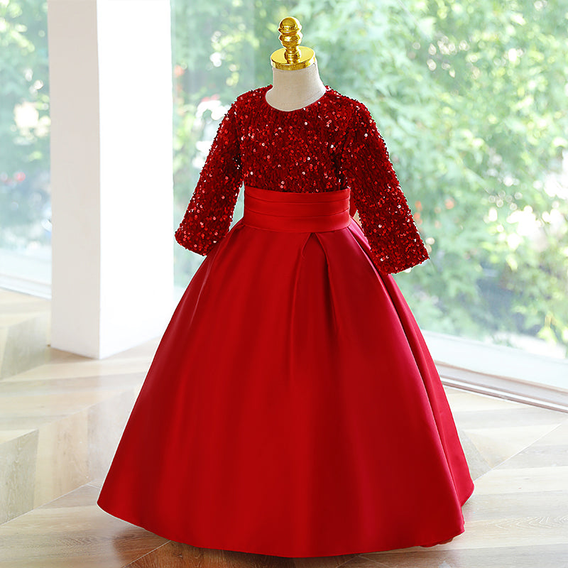 Burgundy Sequin A-Line Flower Girl Dress Long Sleeve Floor