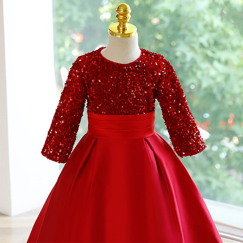 Burgundy Sequin A-Line Flower Girl Dress Long Sleeve Floor