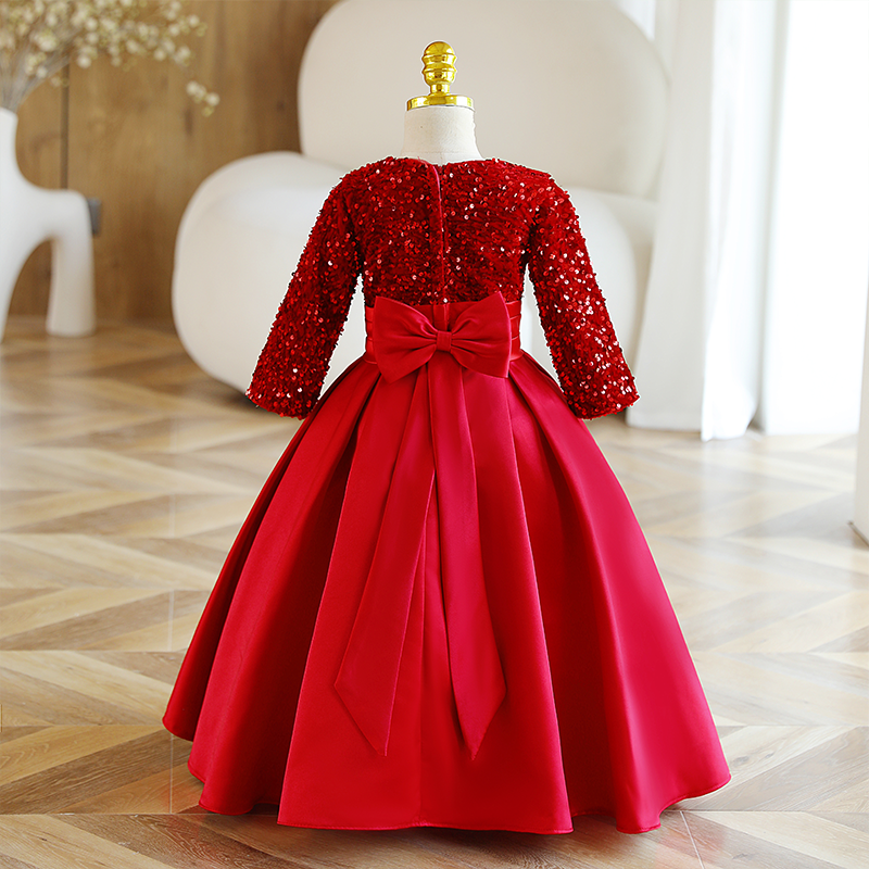 Burgundy Sequin A-Line Flower Girl Dress Long Sleeve Floor
