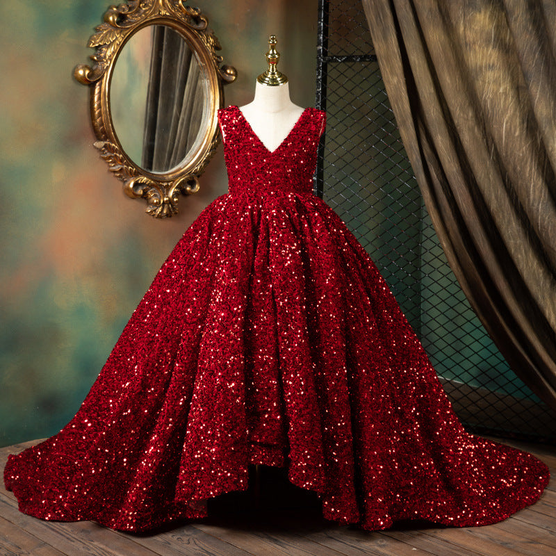 Burgundy Sequin Flower Girl Dress: V-Neck Sleeveless