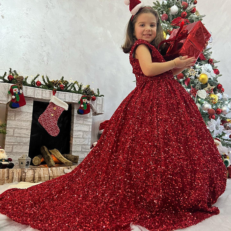 Burgundy Sequin Flower Girl Dress: V-Neck Sleeveless