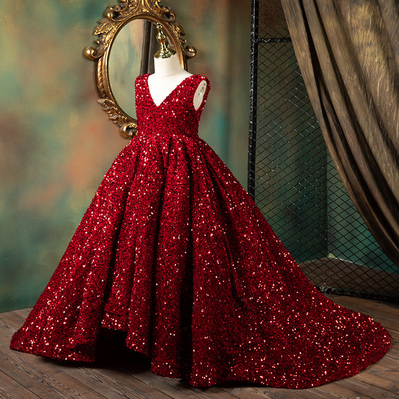 Burgundy Sequin Flower Girl Dress: V-Neck Sleeveless