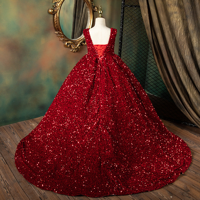 Burgundy Sequin Flower Girl Dress: V-Neck Sleeveless