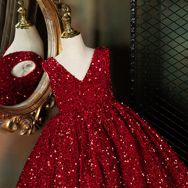 Burgundy Sequin Flower Girl Dress: V-Neck Sleeveless