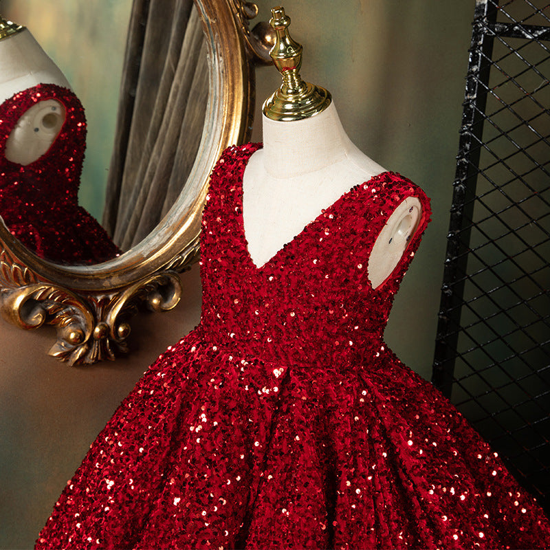 Burgundy Sequin Flower Girl Dress: V-Neck Sleeveless