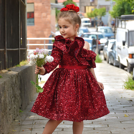Burgundy One Shoulder Sequin A-Line Party Dress for Girls | Holiday Pageant Outfit