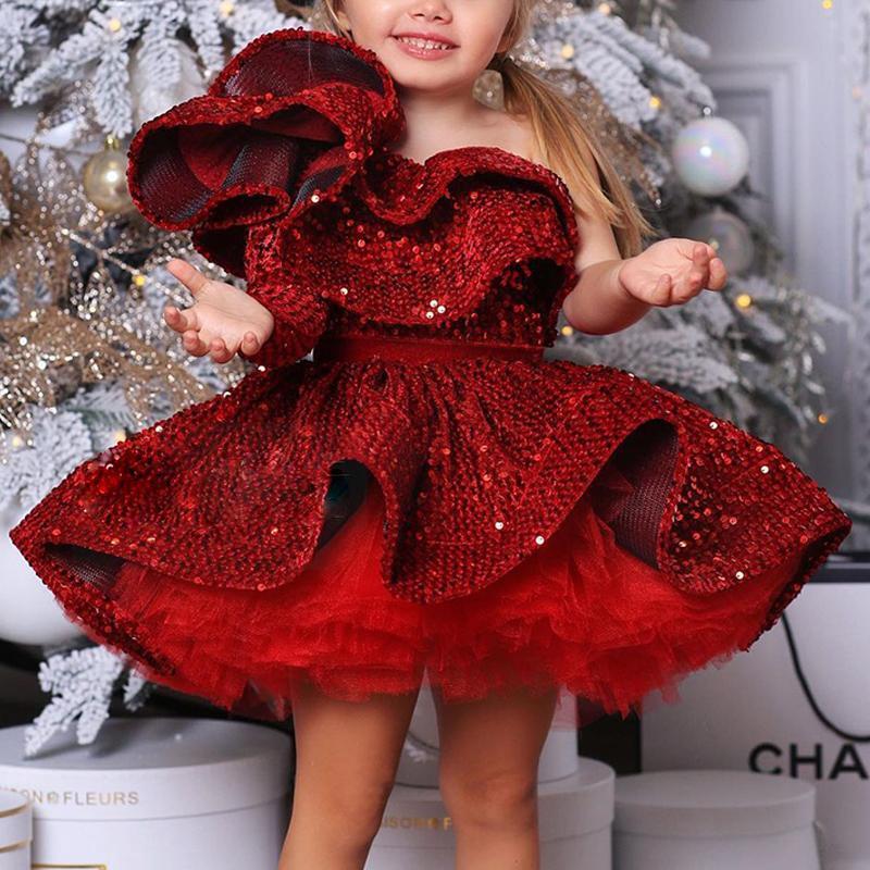 Burgundy One Shoulder Sequin A-Line Party Dress for Girls | Holiday Pageant Outfit
