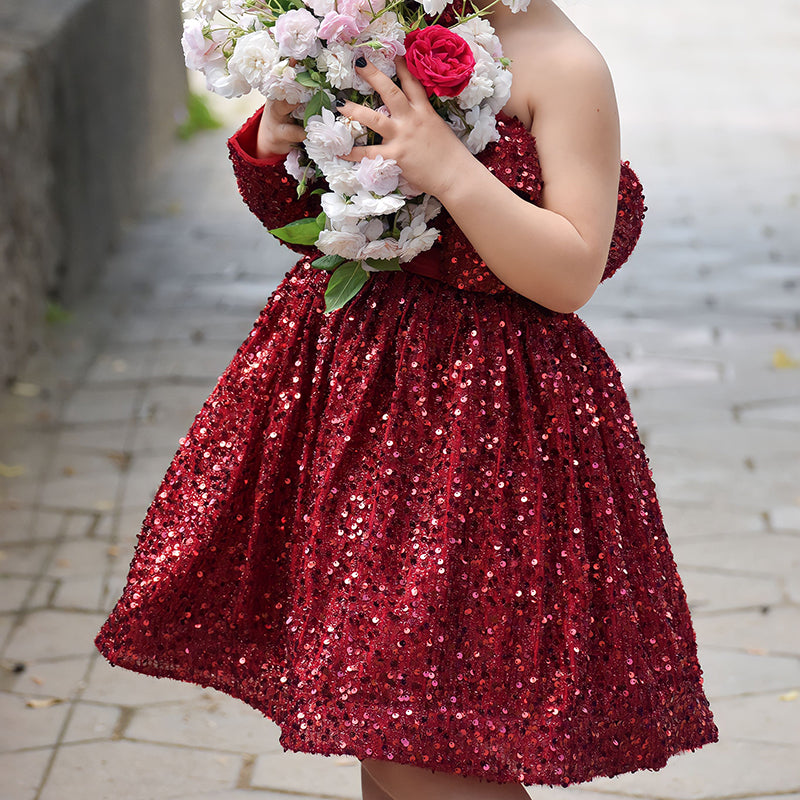 Burgundy One Shoulder Sequin A-Line Party Dress for Girls | Holiday Pageant Outfit