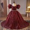 Burgundy Sequin Princess Dress for Girls – Floor Length with Short Sleeves