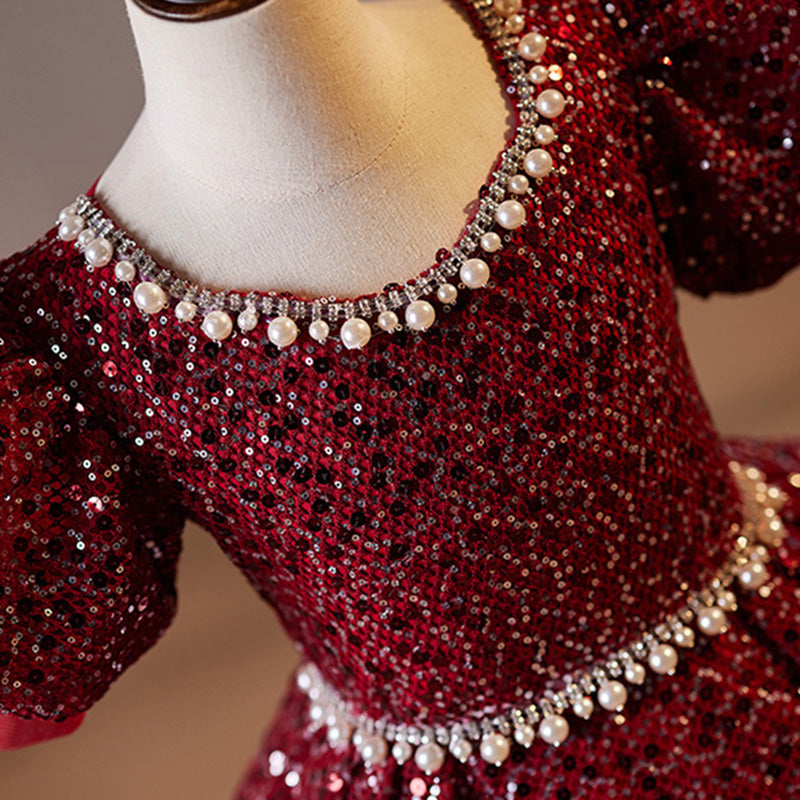 Burgundy Floor Length Sequin Princess Dress for Girls – Short Sleeve Party Gown