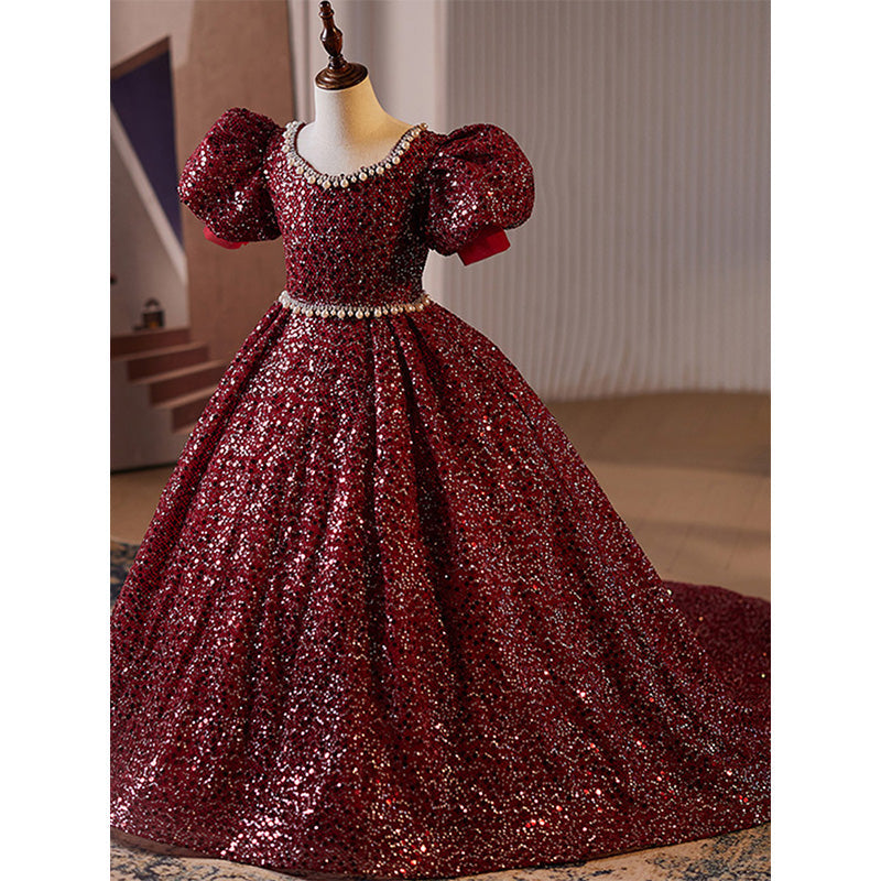Burgundy Floor Length Sequin Princess Dress for Girls – Short Sleeve Party Gown