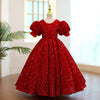 Burgundy Sequined A-Line Flower Girl Dress with Puff Sleeves